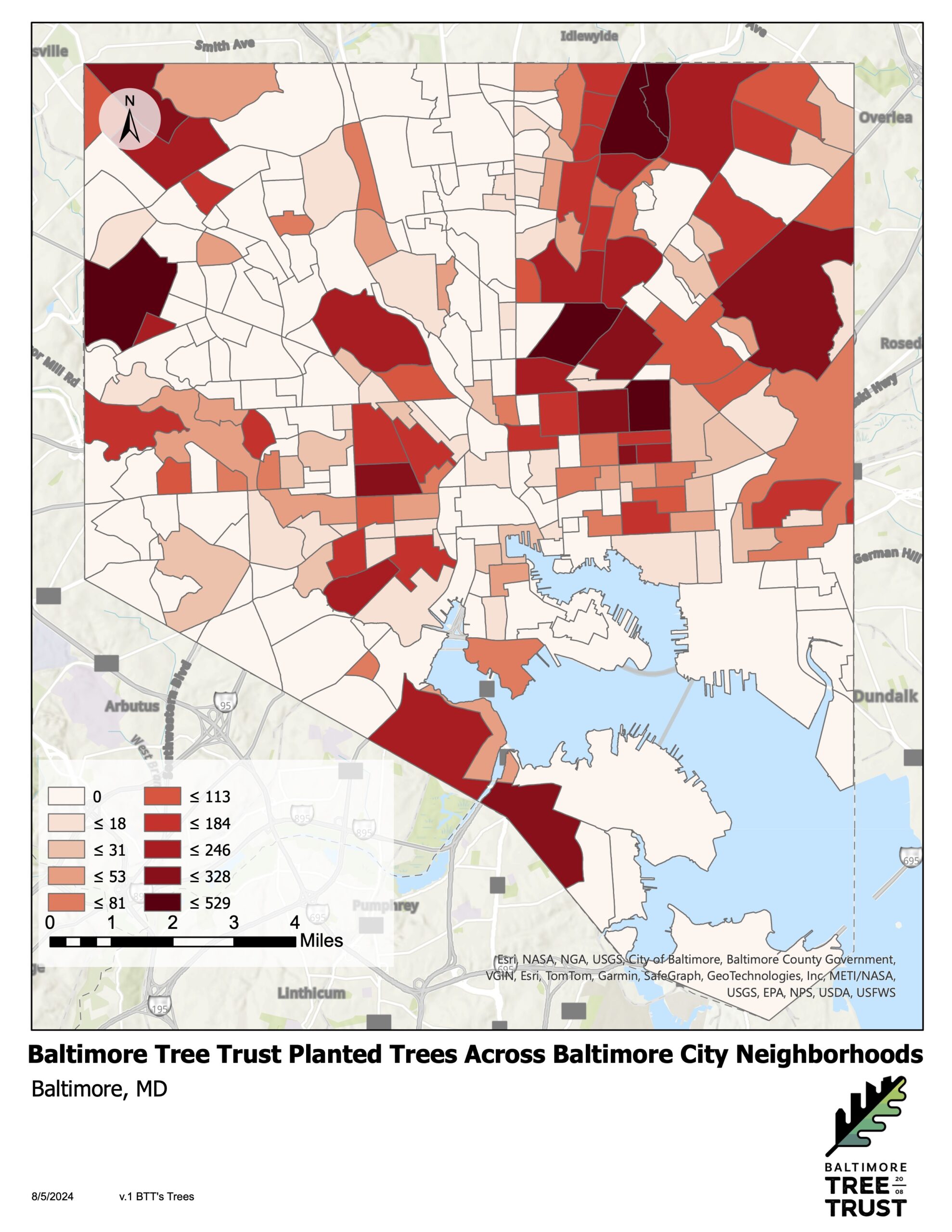 A map showing neighborhoods that Baltimore Tree Trust has planted within the city. The number of trees that we planted are represented with various shades of colors from an eggshell white to a burgundy red to fill in the neighborhood polygon. The darker areas indicate where we have planted the most trees, and the lighter areas represent areas that we have not planted as much.